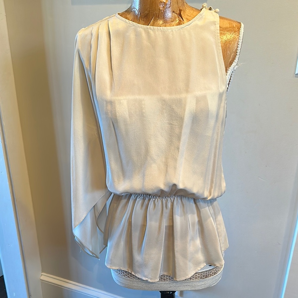 BCBG Cream Asymmetrical Peplum Blouse